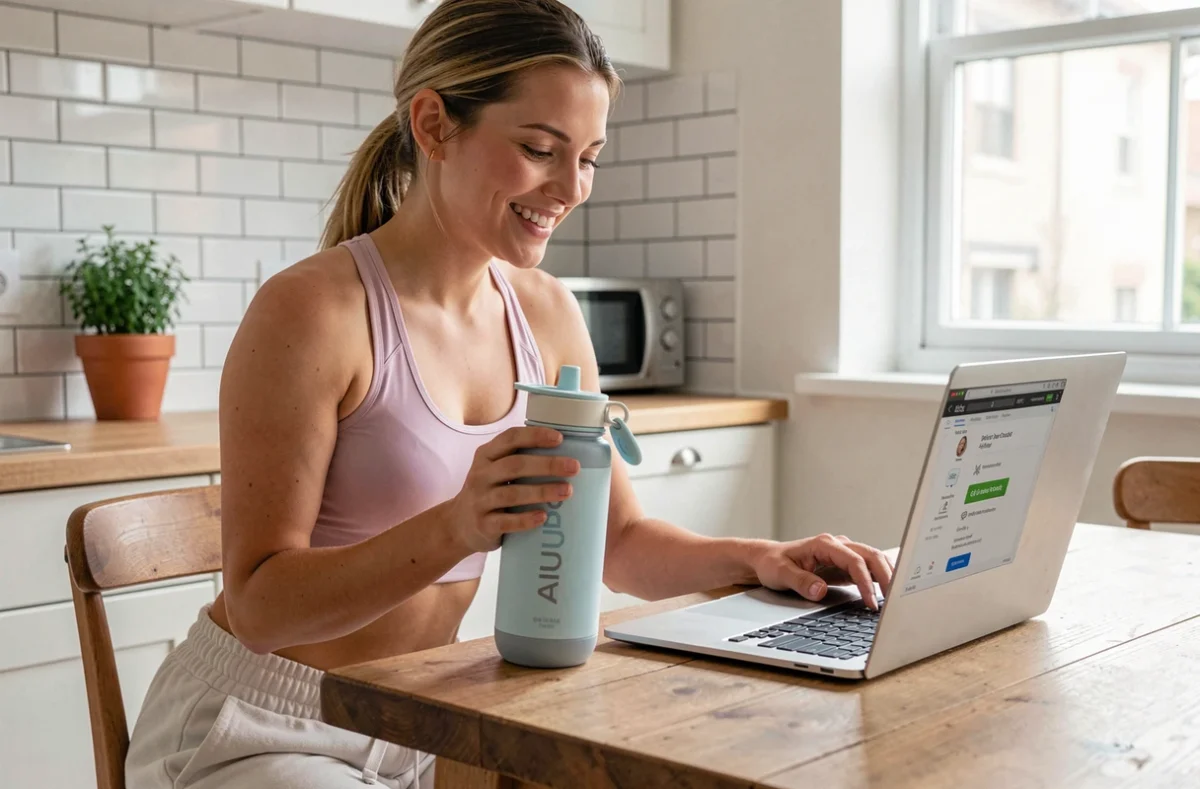 Jeune femme utilisant un code promo Air Up Inoxtag sur son ordinateur portable tout en tenant une bouteille Air Up dans sa cuisine