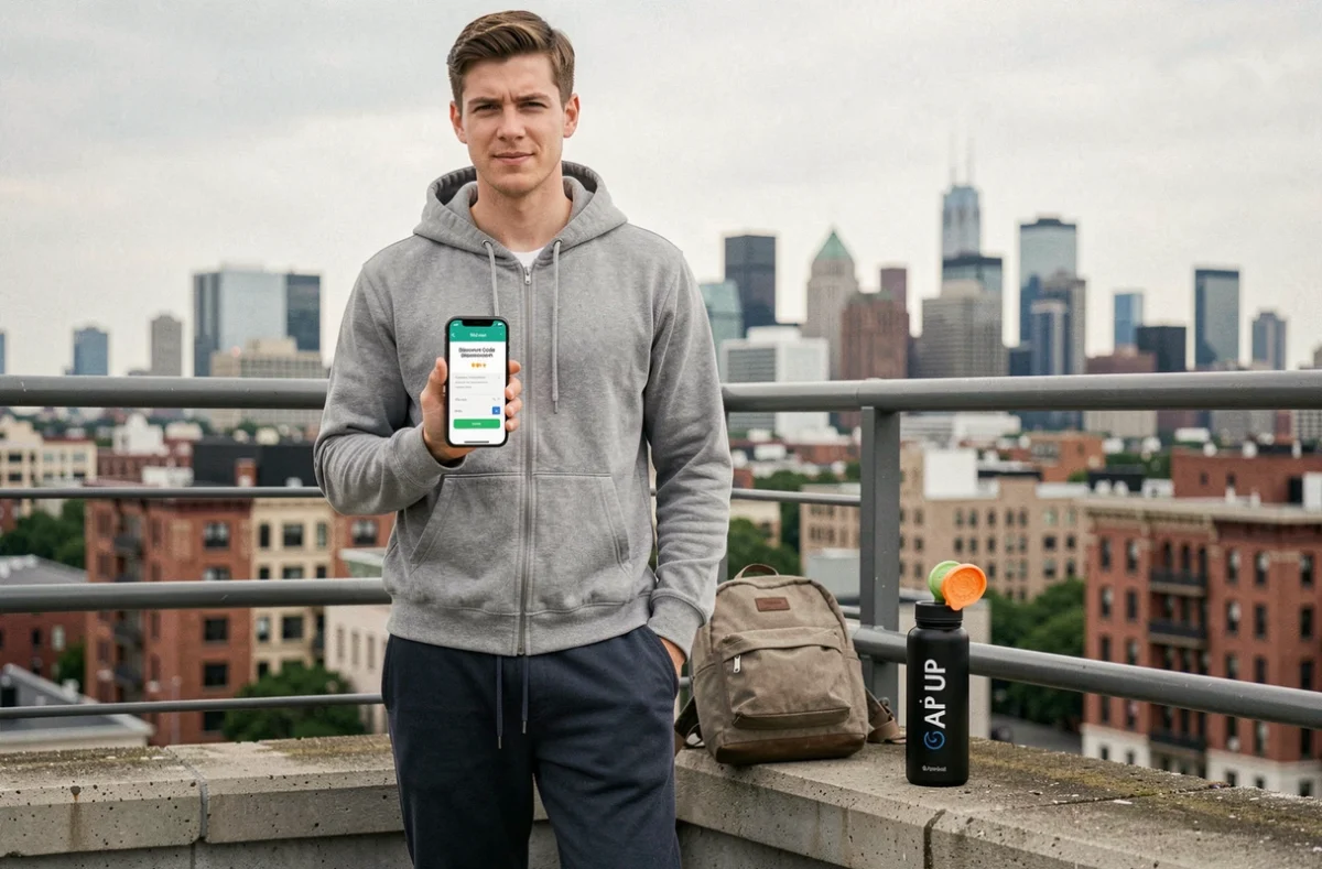 Jeune homme consultant un code promo Air Up Inoxtag sur smartphone avec une bouteille Air Up posée sur une terrasse urbaine