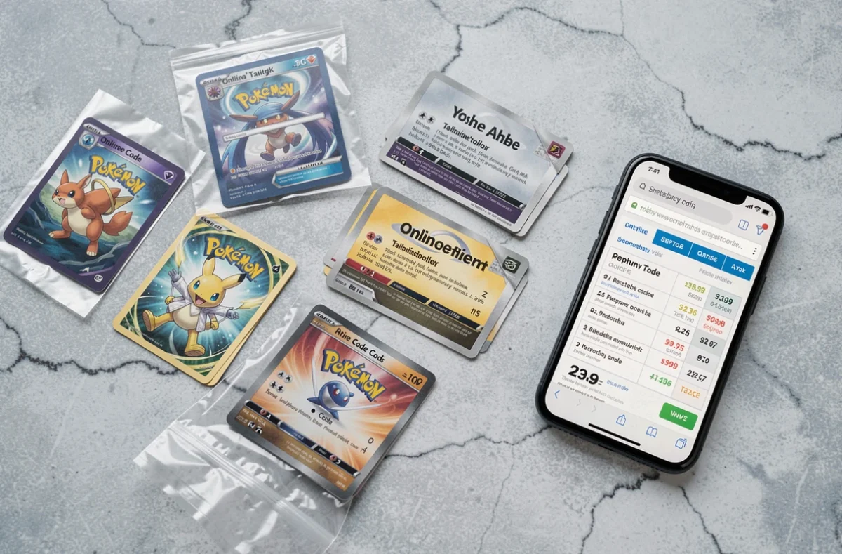 Vue à plat de codes Pokémon TCG Online sur cartes grattables avec comparatif de prix de boutiques en ligne sur smartphone