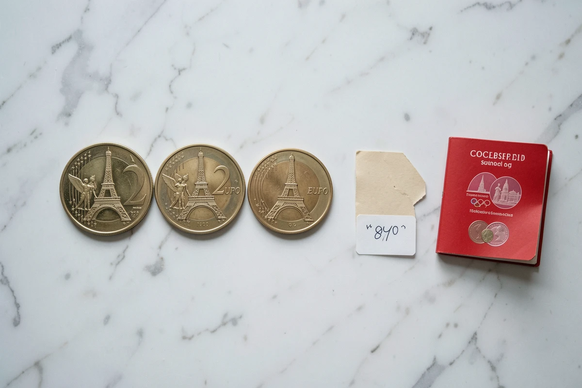 Rangée de pièces de 2 euros commémoratives JO 2026 Tour Eiffel avec carnet de collection et étiquette de prix sur marbre blanc
