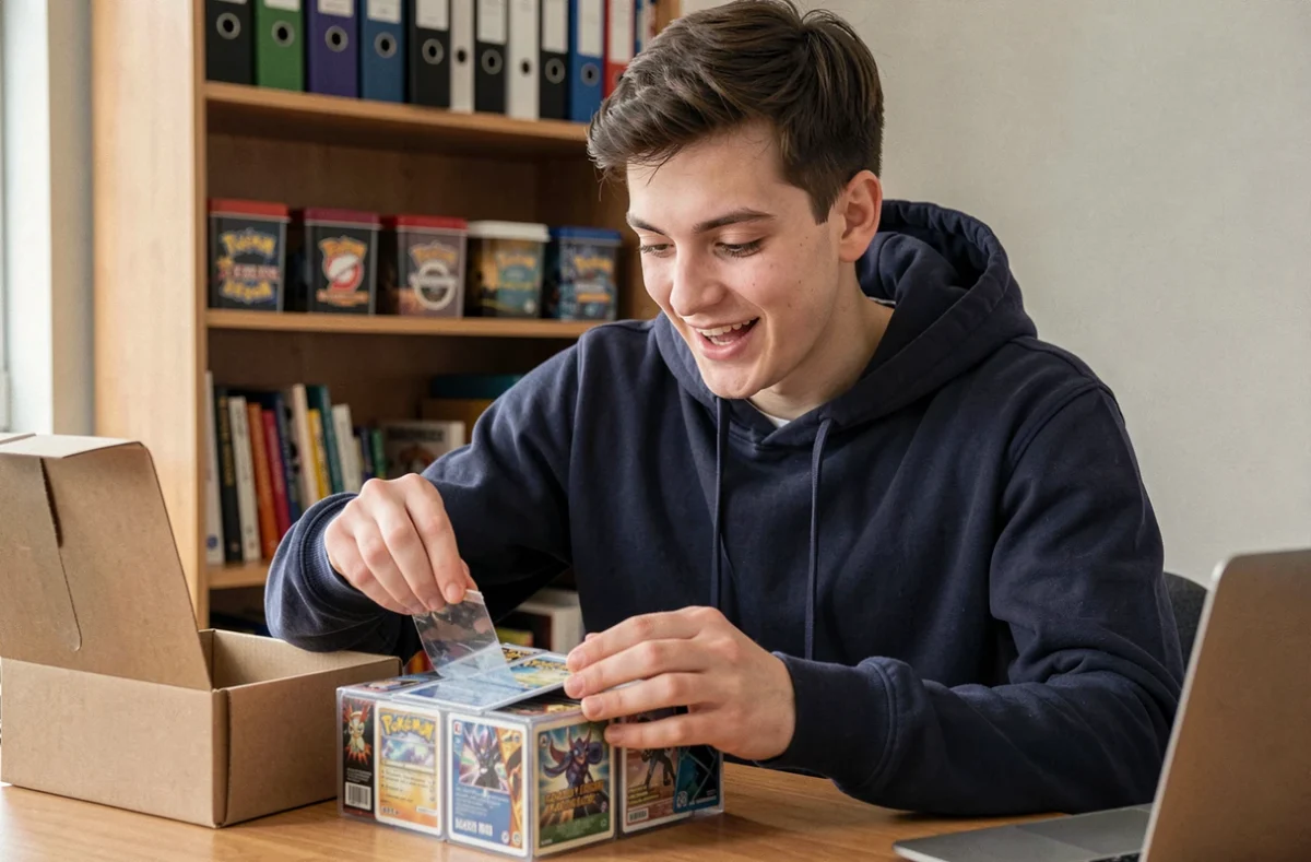Jeune collectionneur déballant un display de cartes Pokémon à son bureau