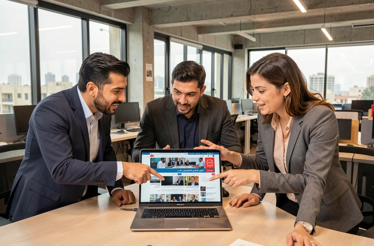 Trois collègues algériens comparant différents médias algériens en ligne sur un ordinateur portable dans un bureau moderne à Alger