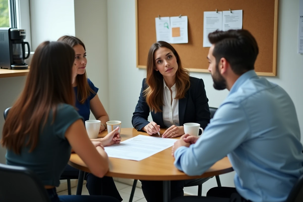 Groupe de collègues discutant de leurs droits au travail le dimanche et les jours fériés autour d'un document juridique en salle de pause