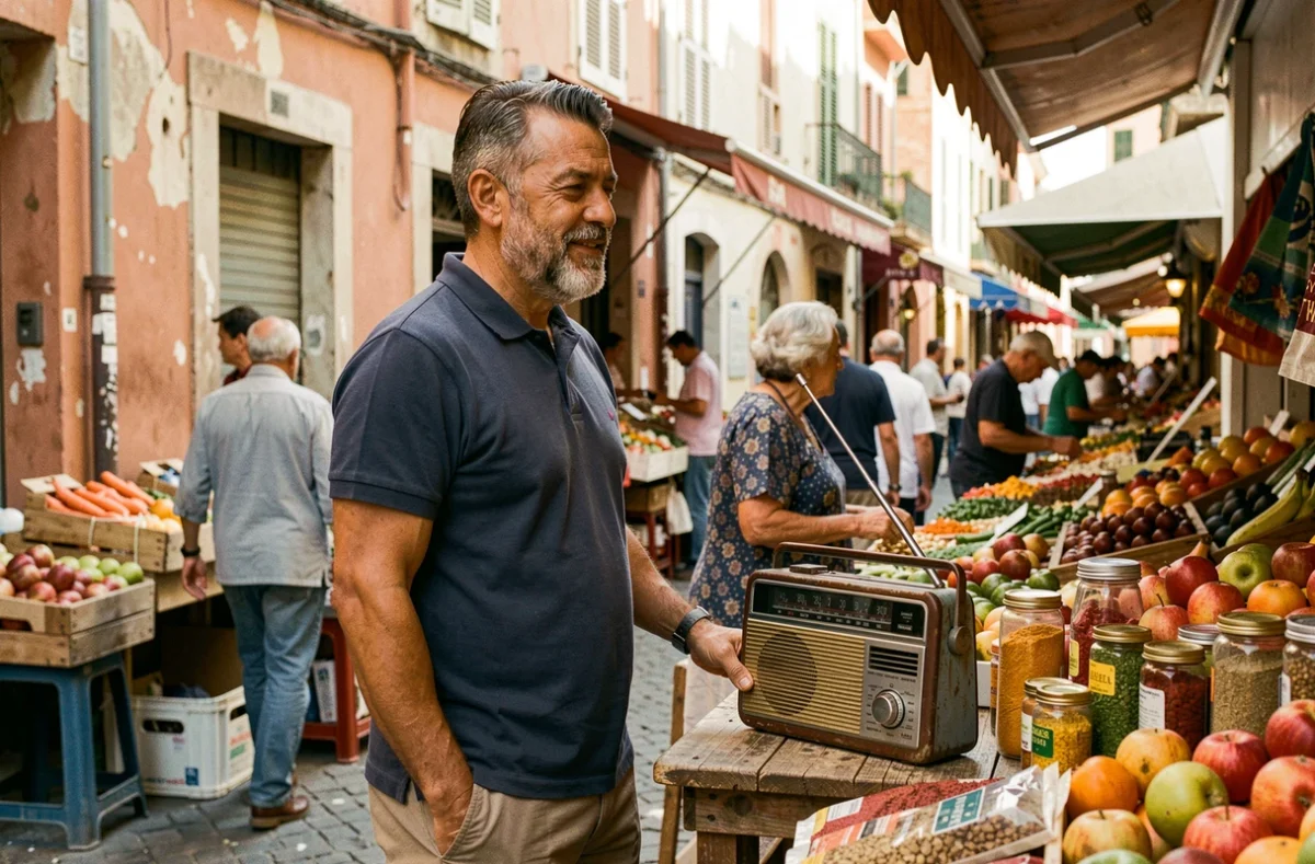 Commerçant du marché de Noailles à Marseille écoutant Radio Gazelle sur une radio portable