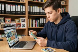 Jeune homme comparant des codes Pokémon Card Game Online sur ordinateur portable avec des boosters physiques sur un bureau en bois