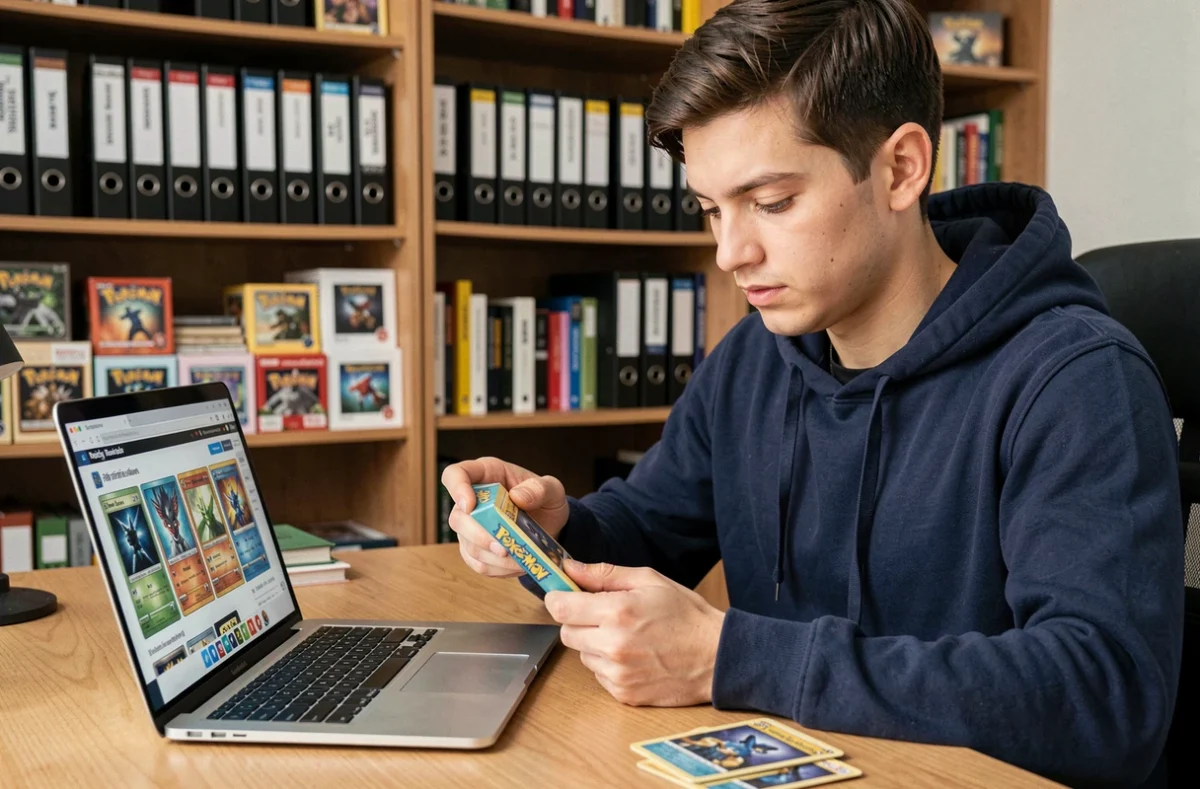 Jeune homme comparant des codes Pokémon Card Game Online sur ordinateur portable avec des boosters physiques sur un bureau en bois