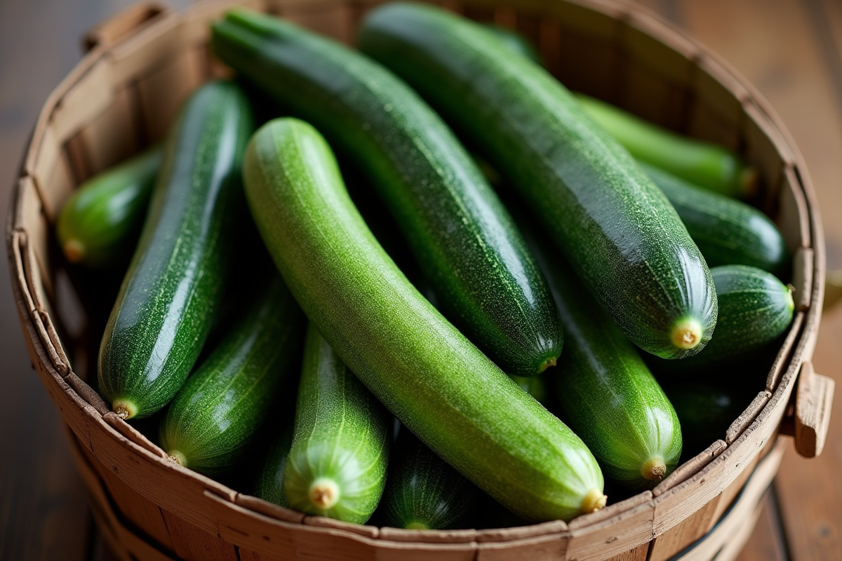 Concombres et zucchinis entiers dans un panier en bois