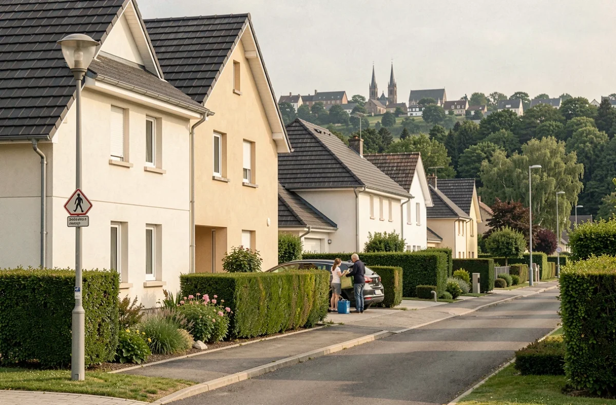 Rue résidentielle pavillonnaire de Corcelles-les-Monts en Côte-d'Or avec skyline de Dijon en arrière-plan, illustrant la périphérie dijonnaise au classement