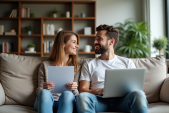 Jeune couple détendu dans un salon moderne avec documents