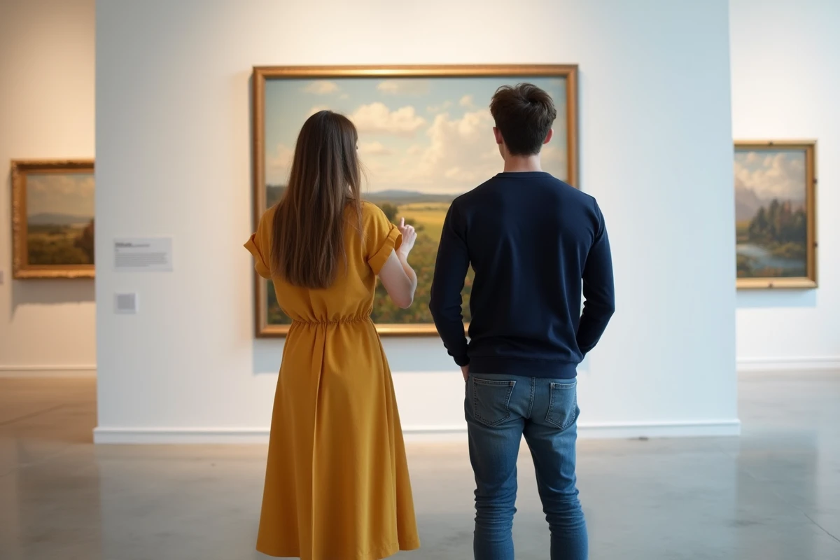 Couple observant une peinture impressionniste célèbre dans un musée d'art contemporain