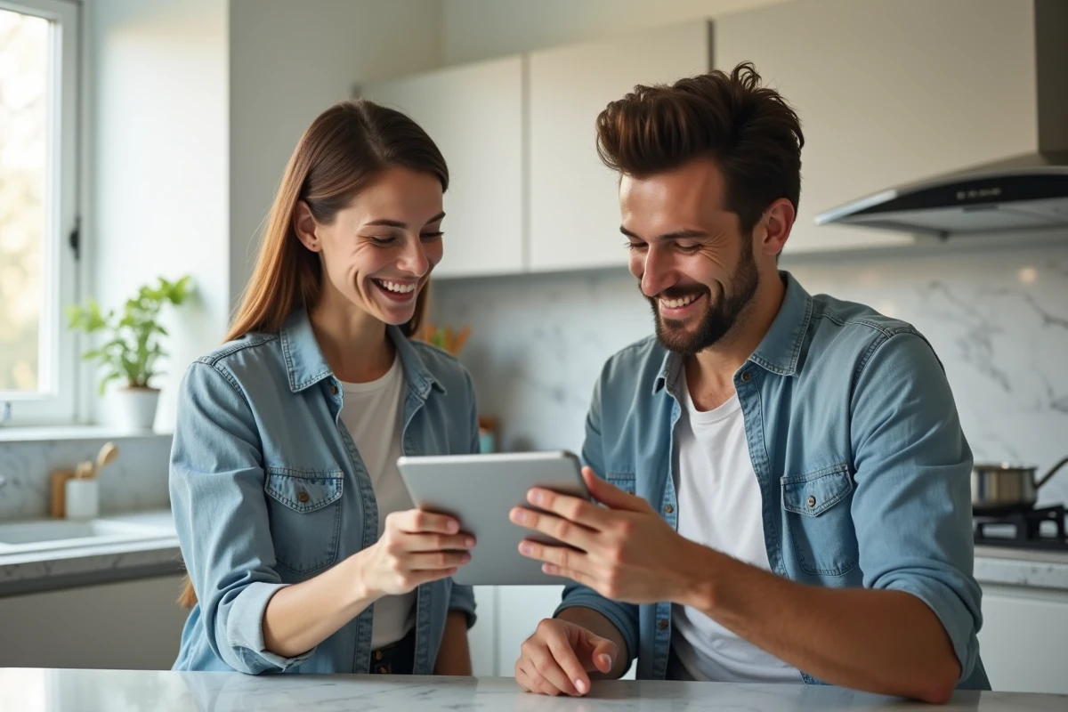 Couple regardant ensemble une plateforme de vidéos sur tablette dans une cuisine moderne
