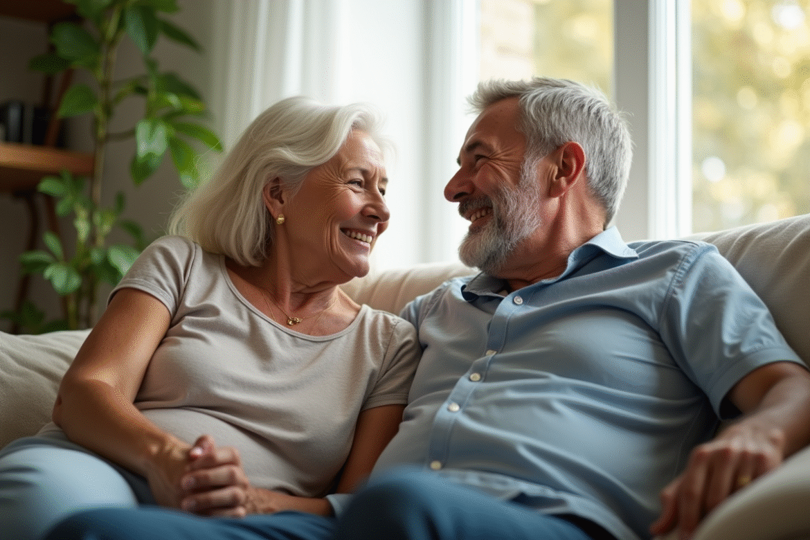 Couple souriant assis sur un sofa lumineux