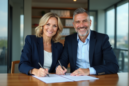 Couple souriant signant un contrat de mortgage en banque