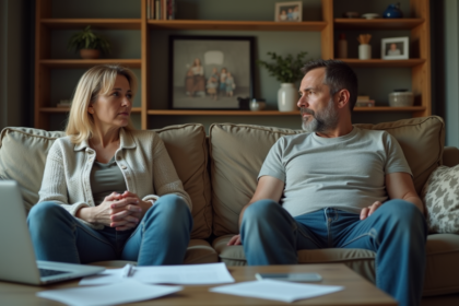 Couple d'adultes tristes sur un canapé en famille