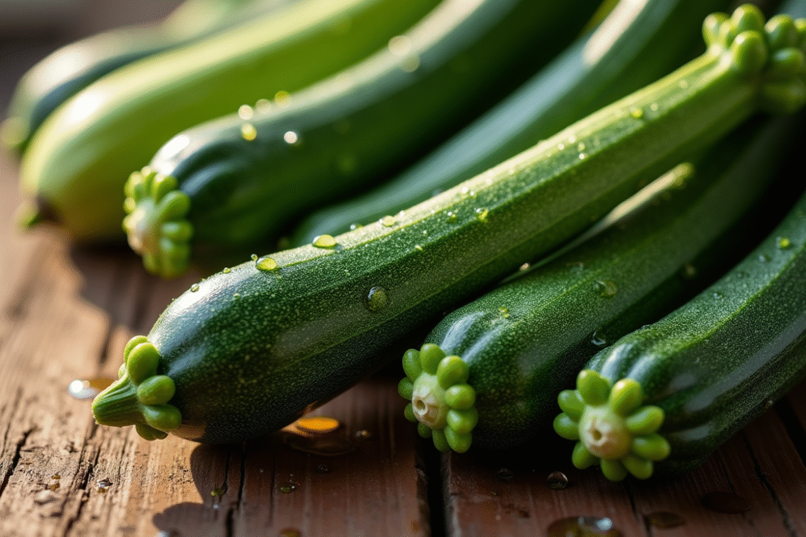 Courgettes fraîches avec gouttes d'eau en lumière naturelle