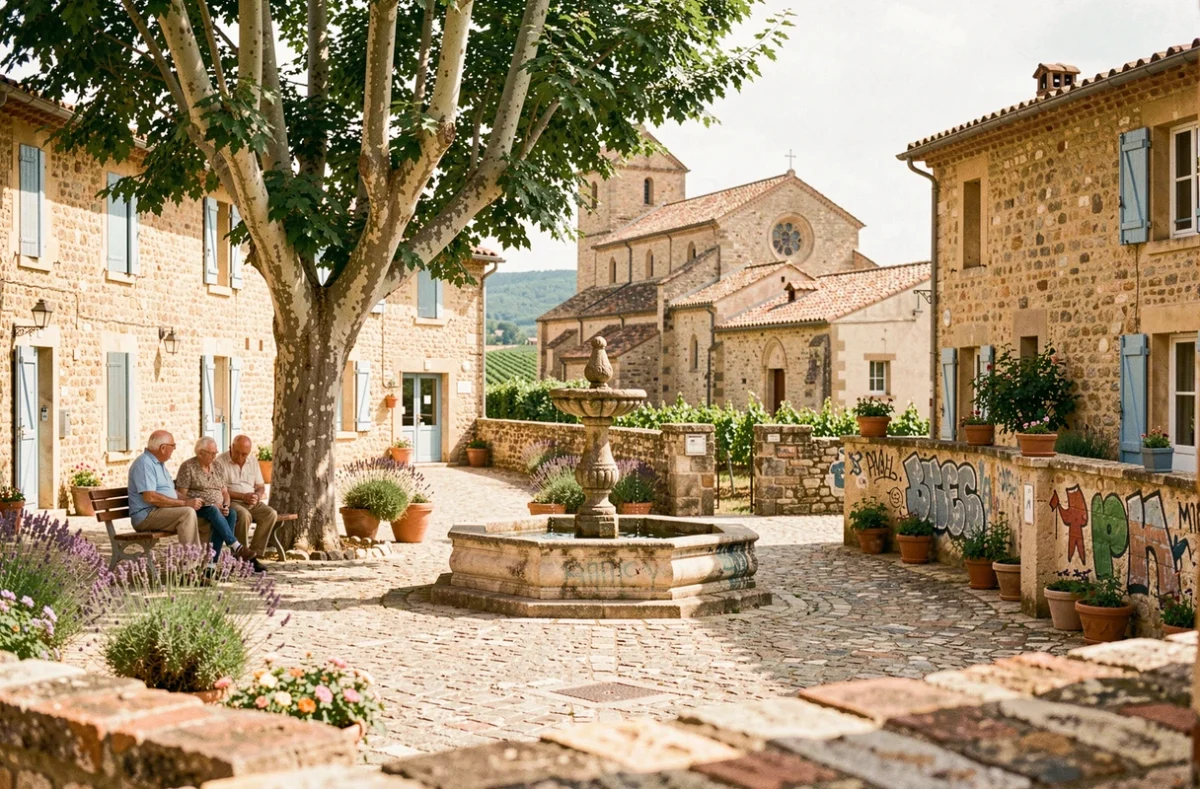Place de village de Coursan dans l'Aude avec fontaine, habitants et église romane, illustrant l'insécurité ressentie dans une petite commune
