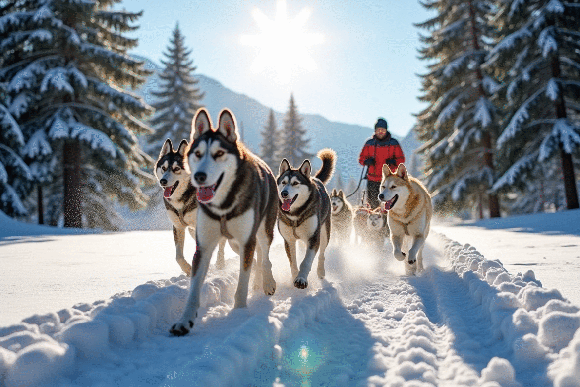 Équipe de chiens de traîneau courant dans la forêt enneigée près de Serre Chevalier
