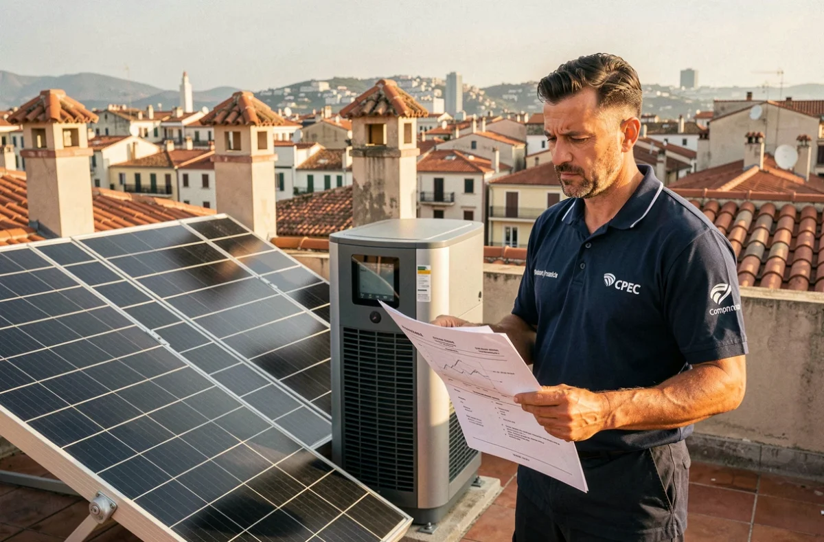 Spécialiste CPEC en énergie renouvelable sur un toit marseillais avec une pompe à chaleur et des panneaux solaires thermiques