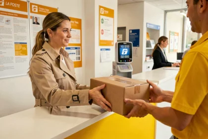 Femme déposant un colis Colissimo au guichet d'un bureau de poste La Poste