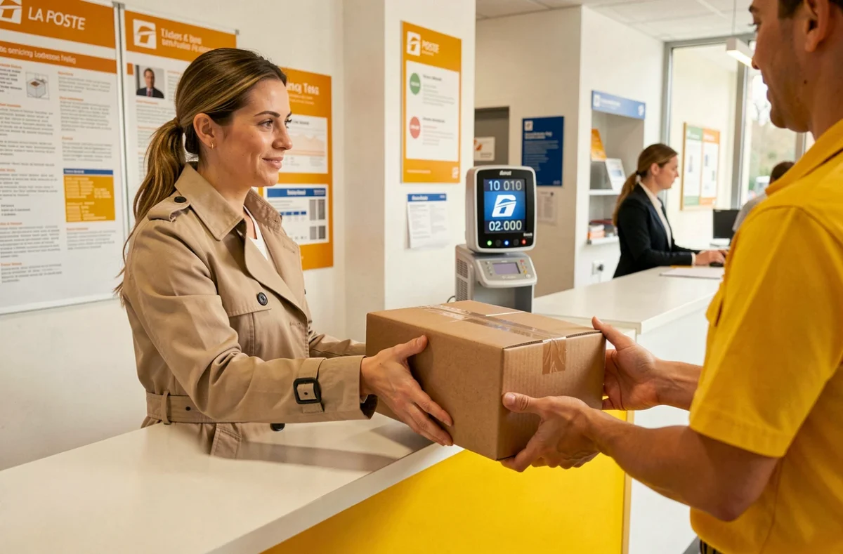 Femme déposant un colis Colissimo au guichet d'un bureau de poste La Poste