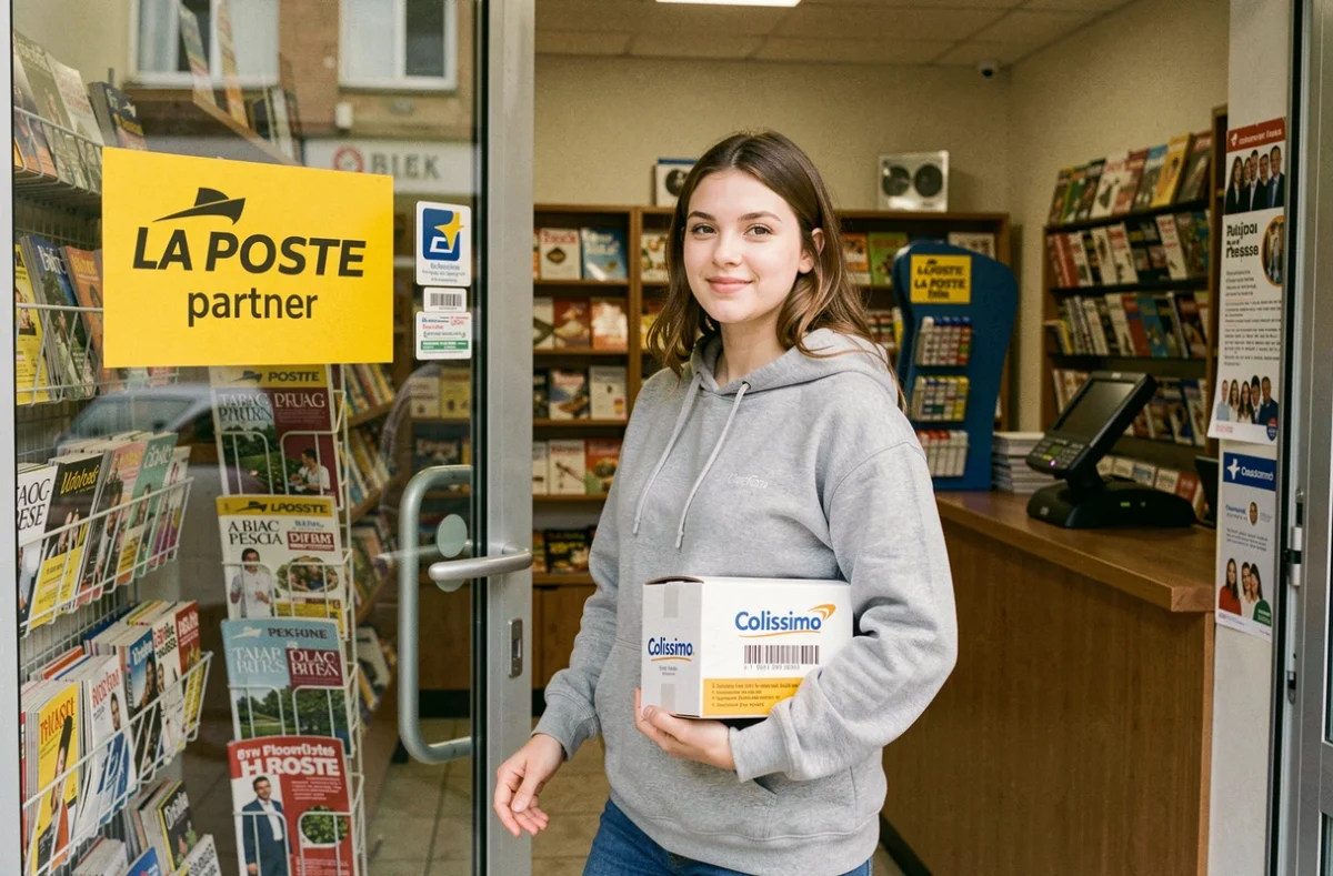 Jeune femme déposant un colis Colissimo dans un point relais tabac-presse partenaire La Poste