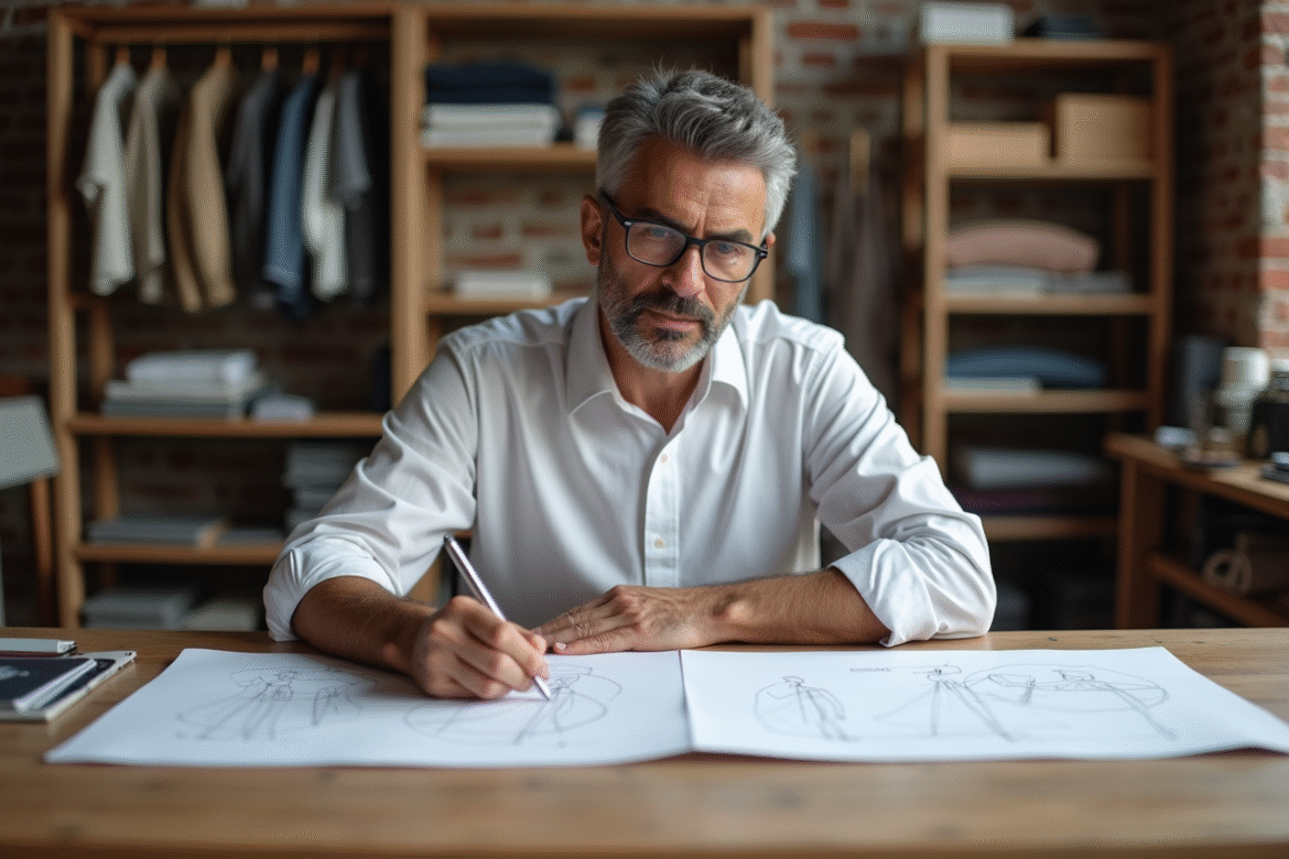 Designer homme en studio avec croquis et échantillons