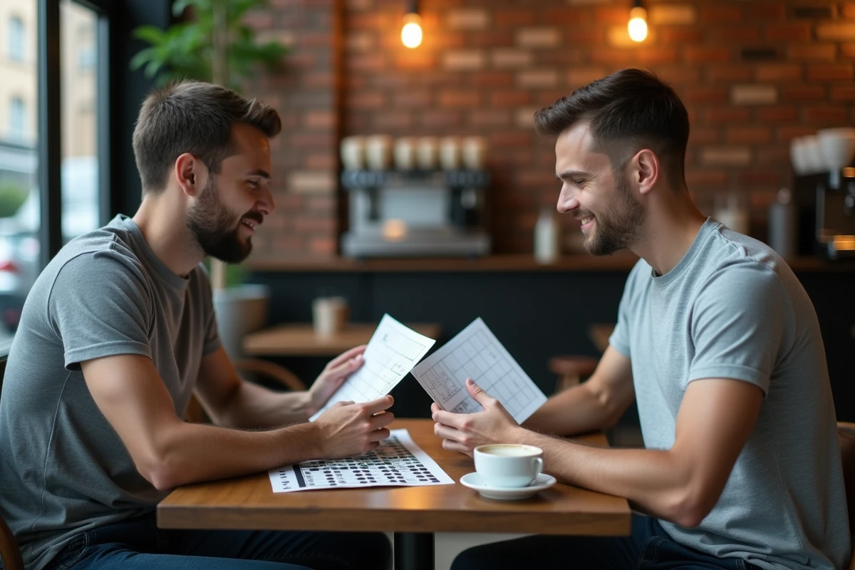 Deux hommes jouant une partie rapide de bataille navale format mini dans un café urbain
