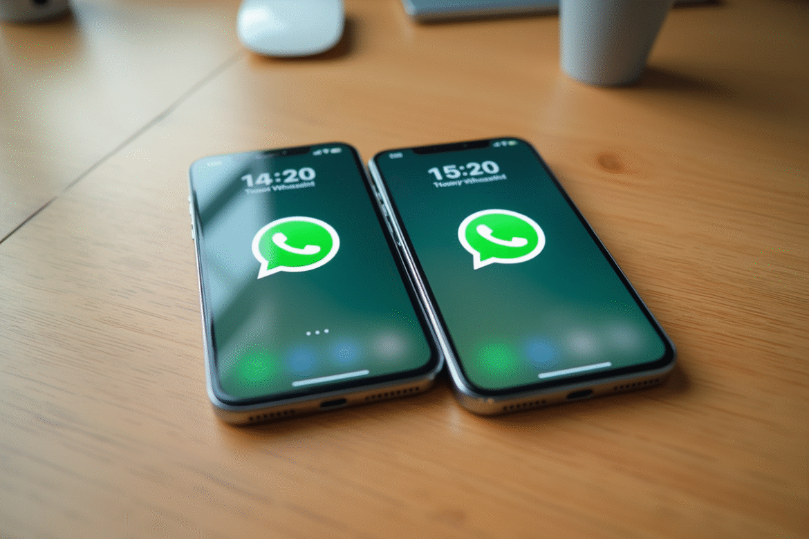 Deux smartphones sur un bureau lumineux affichant WhatsApp