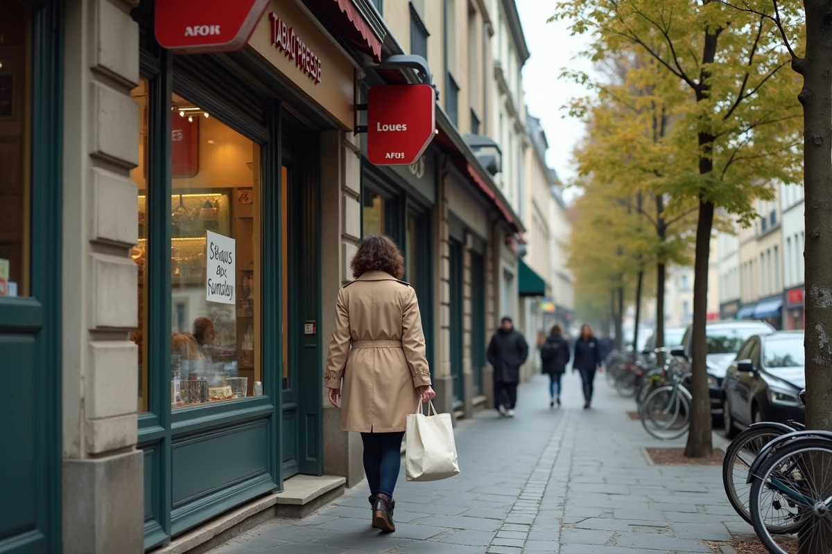 Devanture d'un bureau de tabac ouvert le dimanche dans une rue française