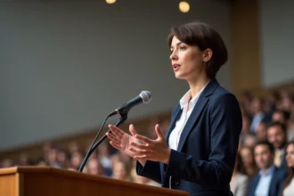 Jeune femme féministe prononçant un discours engagé à un podium lors d'une conférence internationale