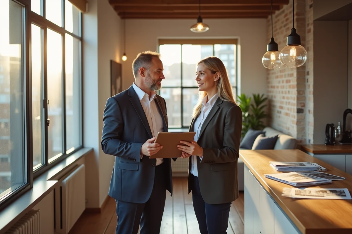 Homme et femme discutant de plans immobiliers dans un appartement