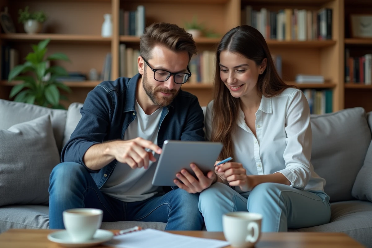 Deux amis jouant ensemble à Pédantix sur une tablette dans un salon avec une feuille de stratégie pour trouver la solution