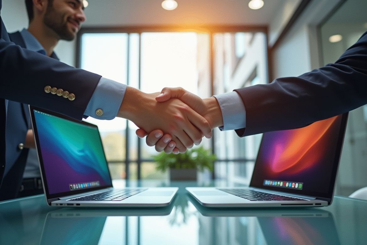 Deux professionnels d'affaires se serrant la main dans un bureau lumineux