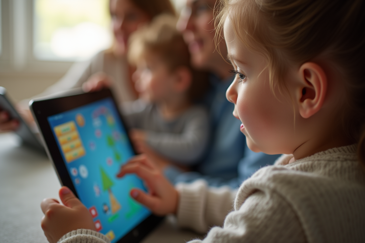 Enfant jouant sur tablette avec famille en arrière-plan