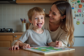 Jeune garçon souriant joue avec sa mère en cuisine