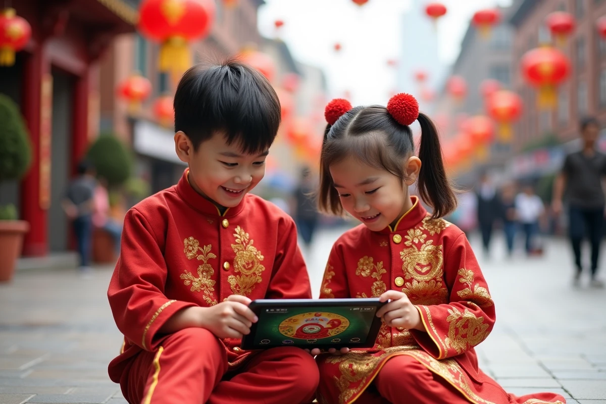 Deux enfants en tenues traditionnelles jouant avec une tablette