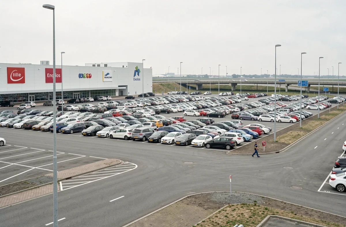 Vaste zone commerciale d'Englos dans le Nord avec centre commercial, parking et bretelle d'autoroute, illustrant un taux de criminalité gonflé par les flux de passage
