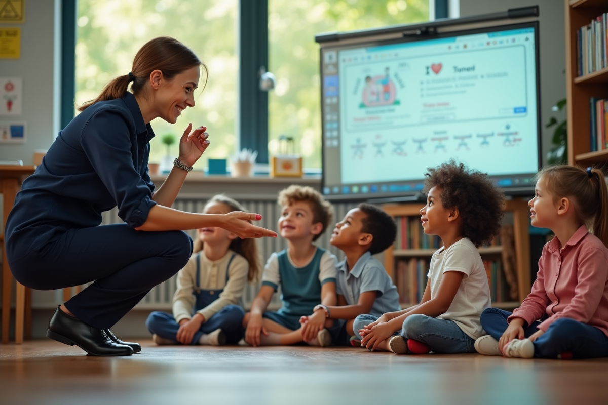 Une enseignante explique une leçon digitale aux enfants en classe