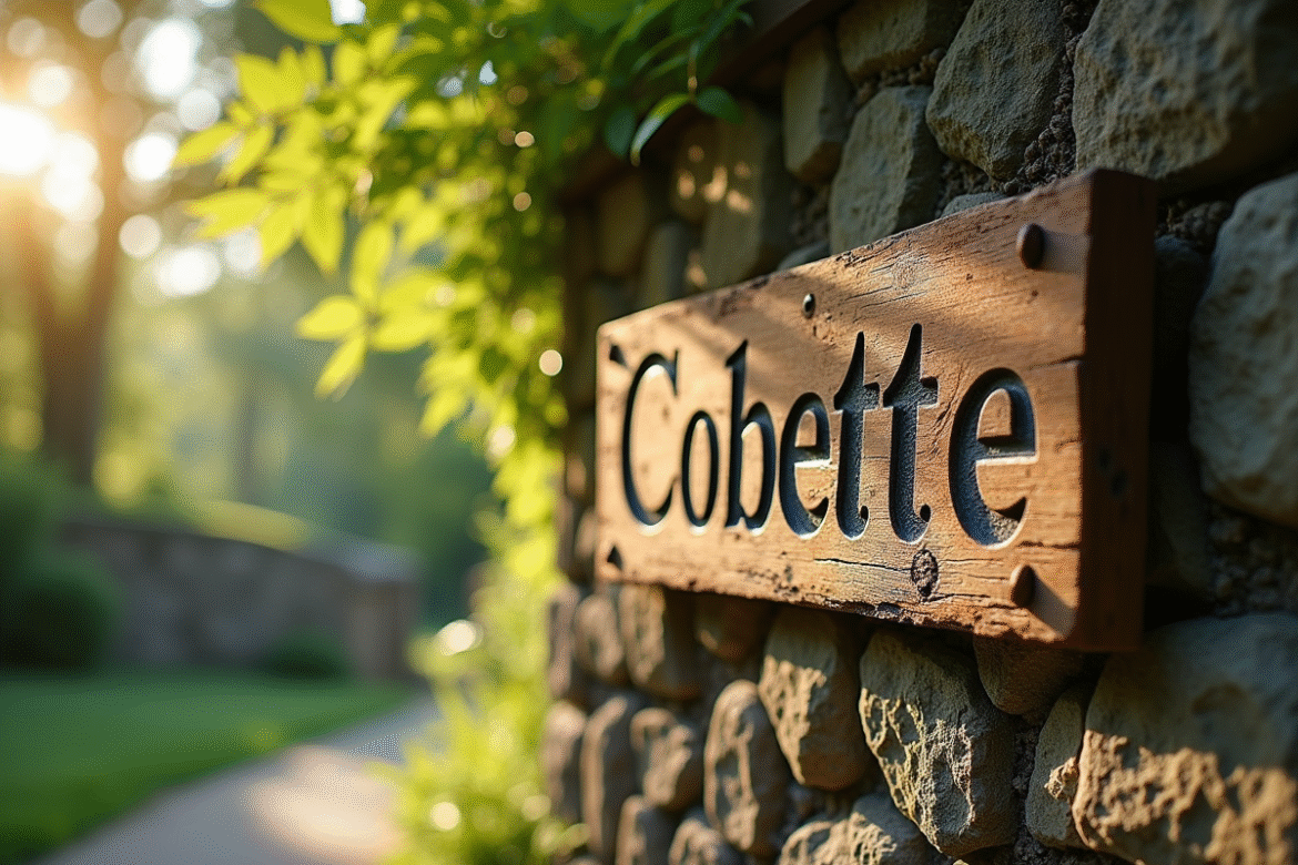 Ancienne enseigne en bois avec le mot Cobette sur un mur en pierre