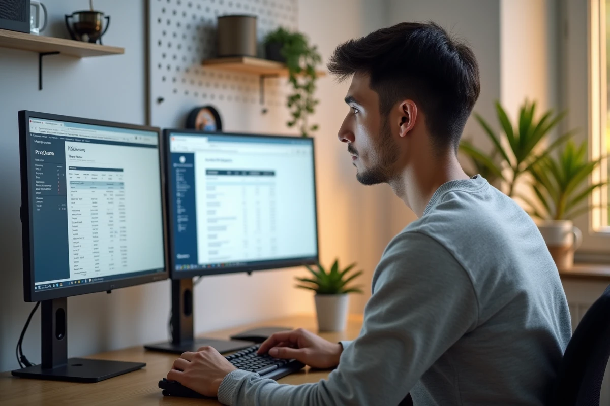Jeune entrepreneur travaillant depuis son bureau à domicile avec le site ProDouane ouvert pour calculer les taxes et droits de douane à l'importation