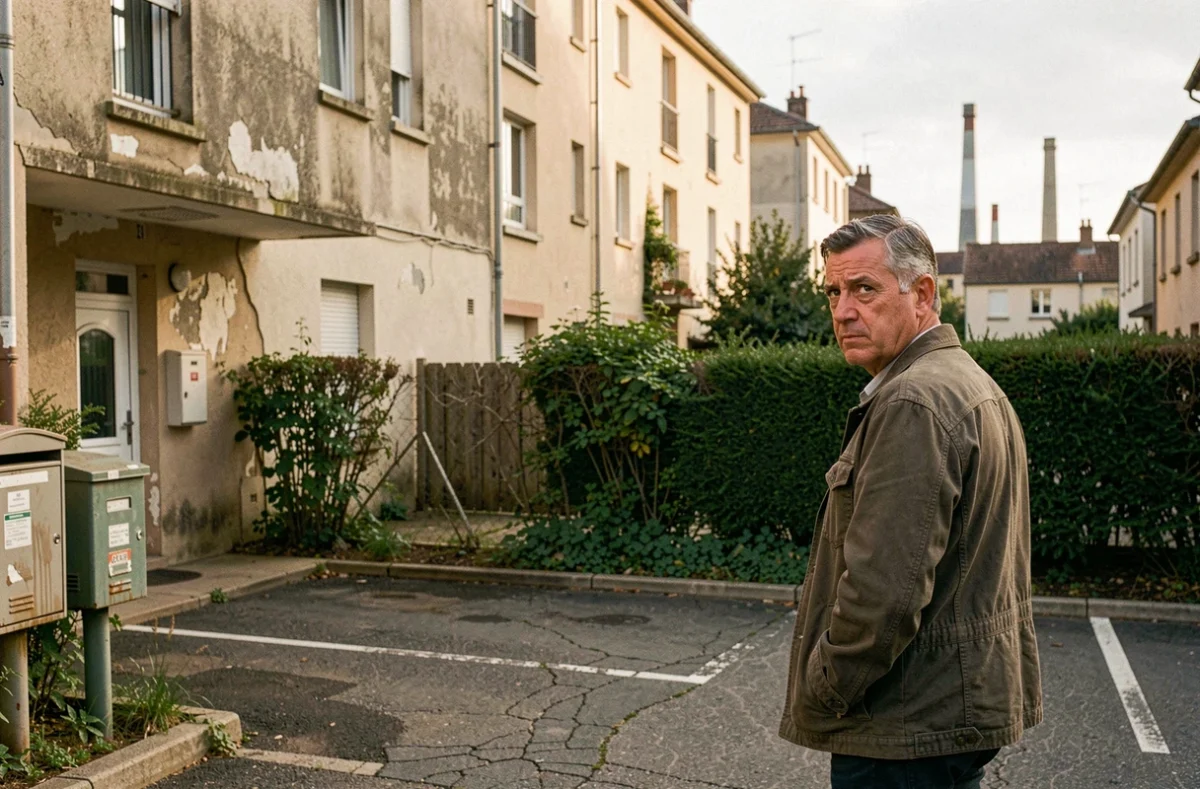 Rue résidentielle calme d'Épinay-sous-Sénart avec un homme méfiant près d'un parking, illustrant l'insécurité ressentie
