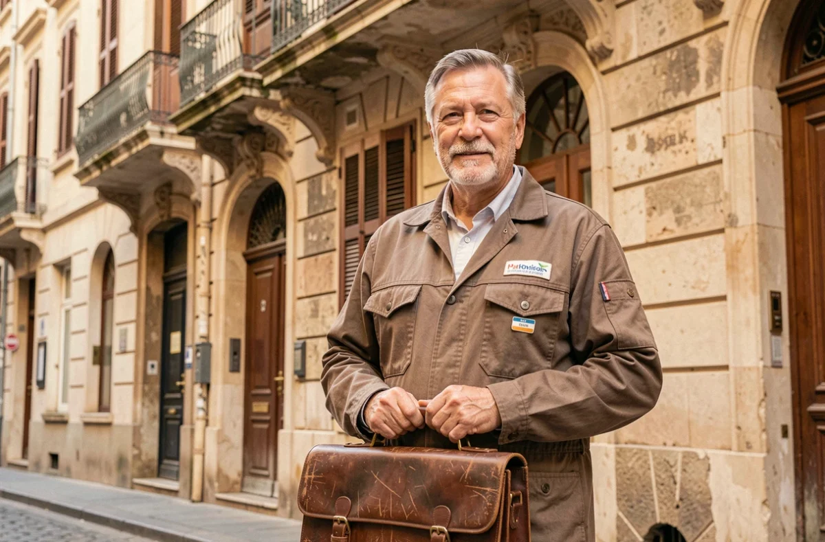 Chauffagiste historique des Établissements Souchon devant un bâtiment ancien du centre de Marseille