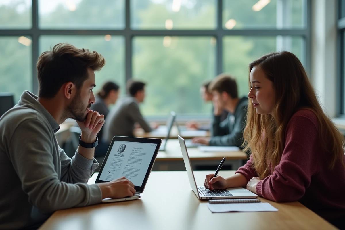 Deux étudiants universitaires consultant ensemble une encyclopédie collaborative en ligne sur un ordinateur portable dans une salle d'étude de campus