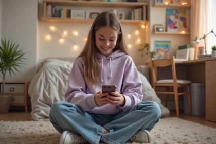 Adolescente en hoodie pastel utilisant son smartphone avec une expression amusée, illustrant les tendances et expressions des jeunes sur TikTok et Snapchat en 2026