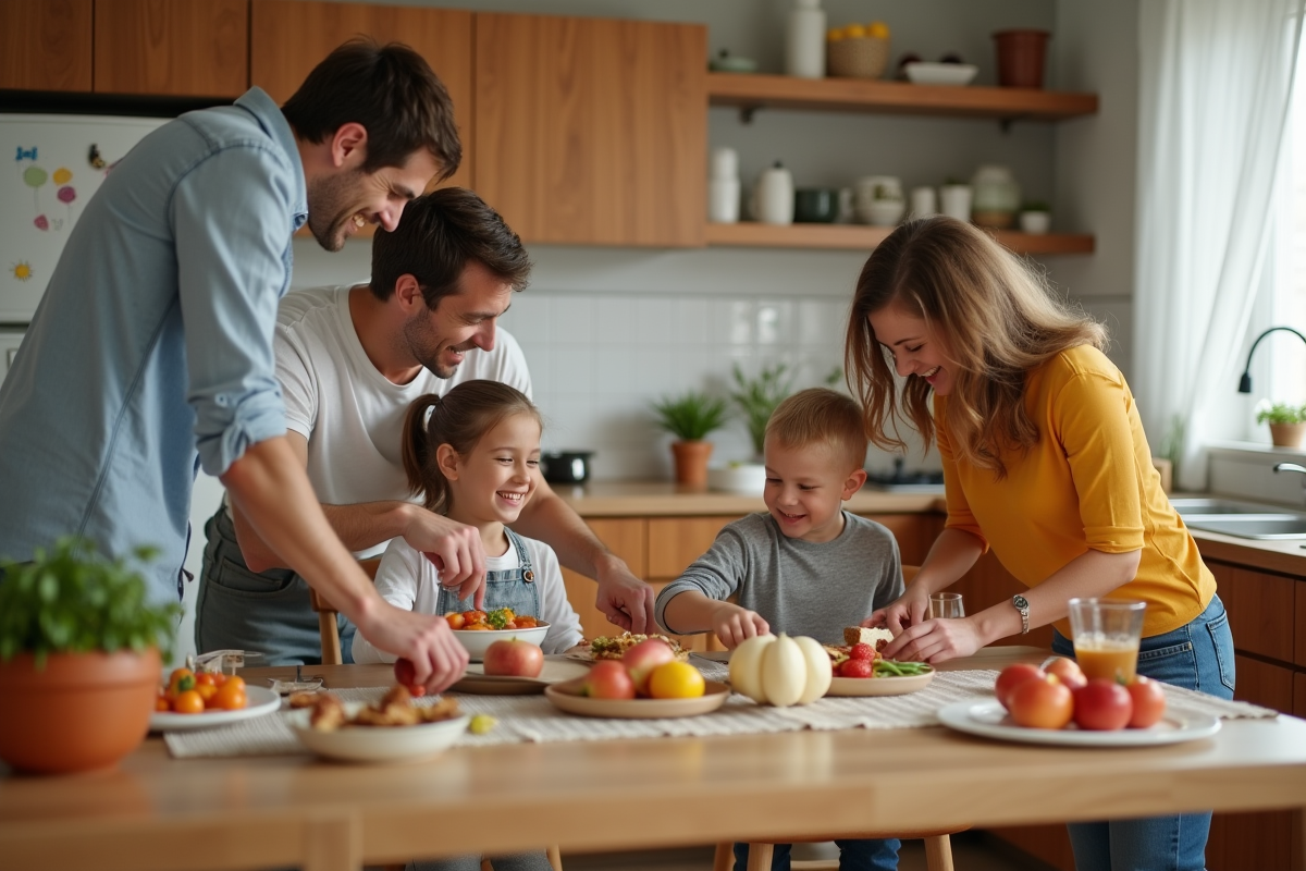 Famille préparant un repas dans une cuisine lumineuse