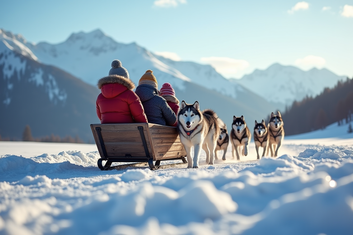 Famille en traîneau à chiens dans un champ enneigé avec montagnes en arrière-plan