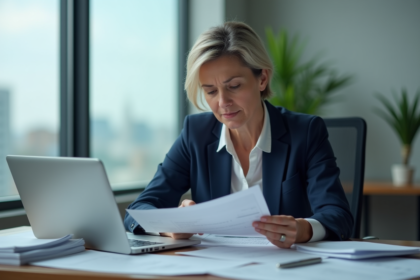 Femme d'affaires en bureau moderne regardant des documents