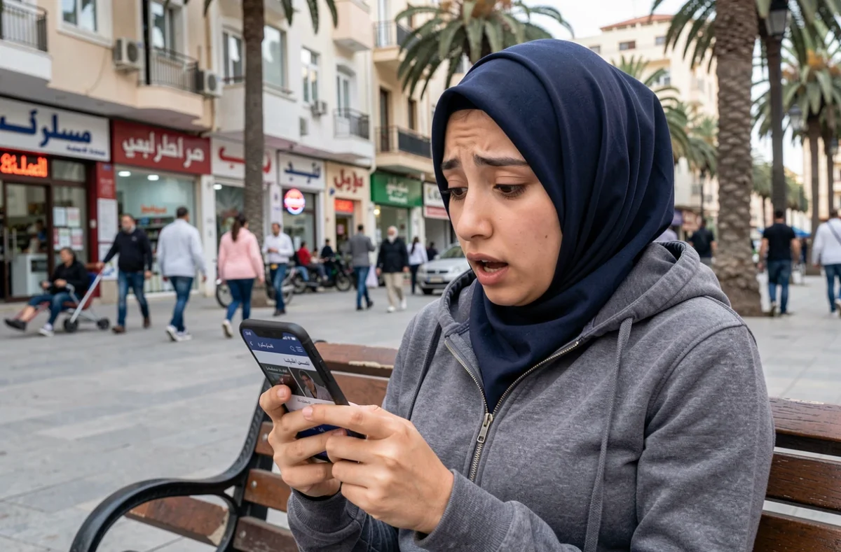 Une jeune femme algérienne consultant les actualités sur son smartphone dans une place publique d'Oran