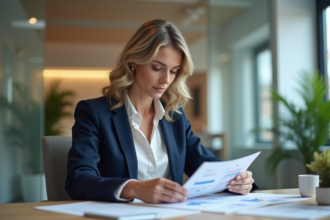 Femme d'affaires en blazer bleu analysant des documents