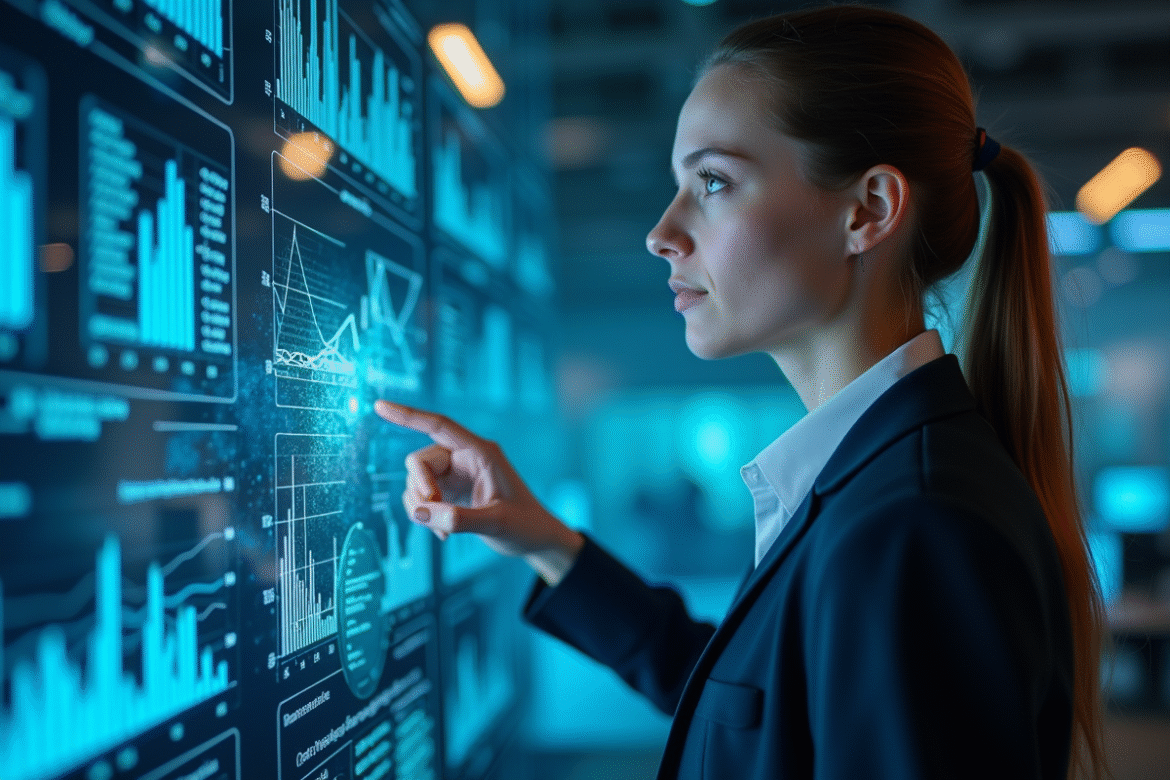 Jeune femme professionnelle analysant des données de cybersécurité